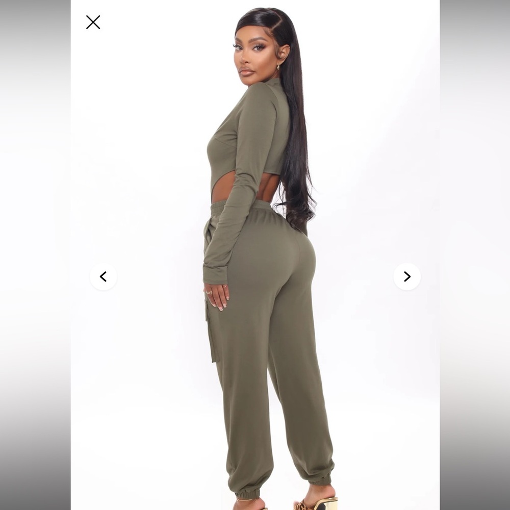 Fashion Nova Olive Long Sleeve Bodysuit Jogger Set - Picture 2 of 8